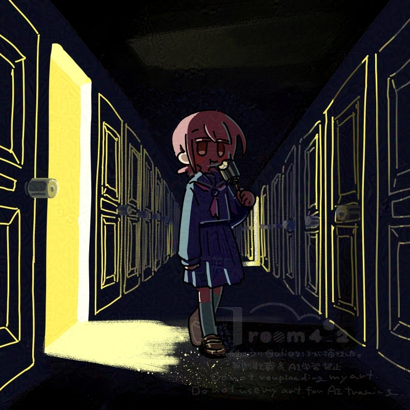 uli0813's tweet photo. 和からBackroomsかあ～と悩んでいるけれど今日描いた絵はBackroomsというよりはLiminalspaceっぽいようなDreamcoreのようなドアがギッチリ詰まって続いている場所、ドアにはドアノブのりんご飴が実を結ぶといいよ。 https://t.co/imahuzsCmD