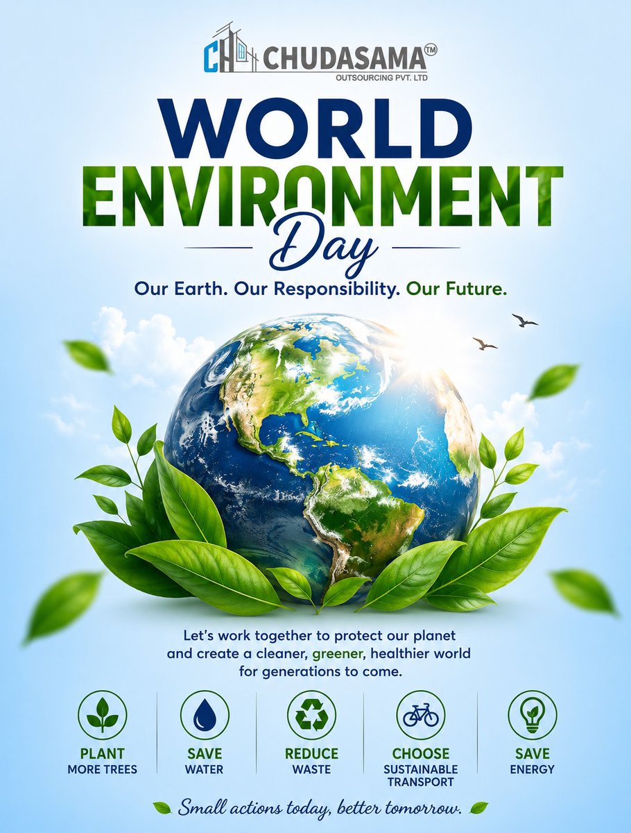 chcadd's tweet photo. 🌍 Happy World Environment Day! 🌱

Together, we can make a difference by protecting nature, reducing waste, and embracing sustainable living. Every action counts toward a greener future. 

#WorldEnvironmentDay #GoGreen #Sustainability #ProtectNature #ChudasamaOutsourcing https://t.co/WVArsG3MyZ