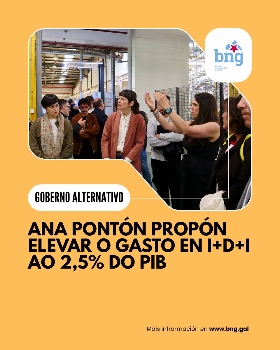 obloque's tweet photo. 🚀 Galiza precisa unha nova política industrial!

@anaponton urxe aumentar o investimento en I+D+i ao 2,5% do PIB para saír do furgón de cola. O BNG propón crear un fondo soberano e un instituto de crédito que apoien as nosas empresas e xeren emprego de calidade. ✊

🔗 https://t.co/bYKo6aSH8Y