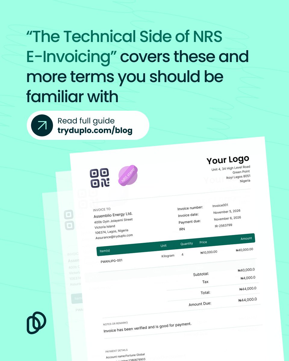 tryduplo's tweet photo. πStart sending NRS-compliant e-invoices with Duplo today.
Visit https://t.co/THAtdFZiS3 now.
#NRSeInvoicing #TaxCompliance #FinanceOps #TechIntegration #Duplo #Fintech #NigeriaBusiness #BusinessPayments https://t.co/cAj1P0d2FZ