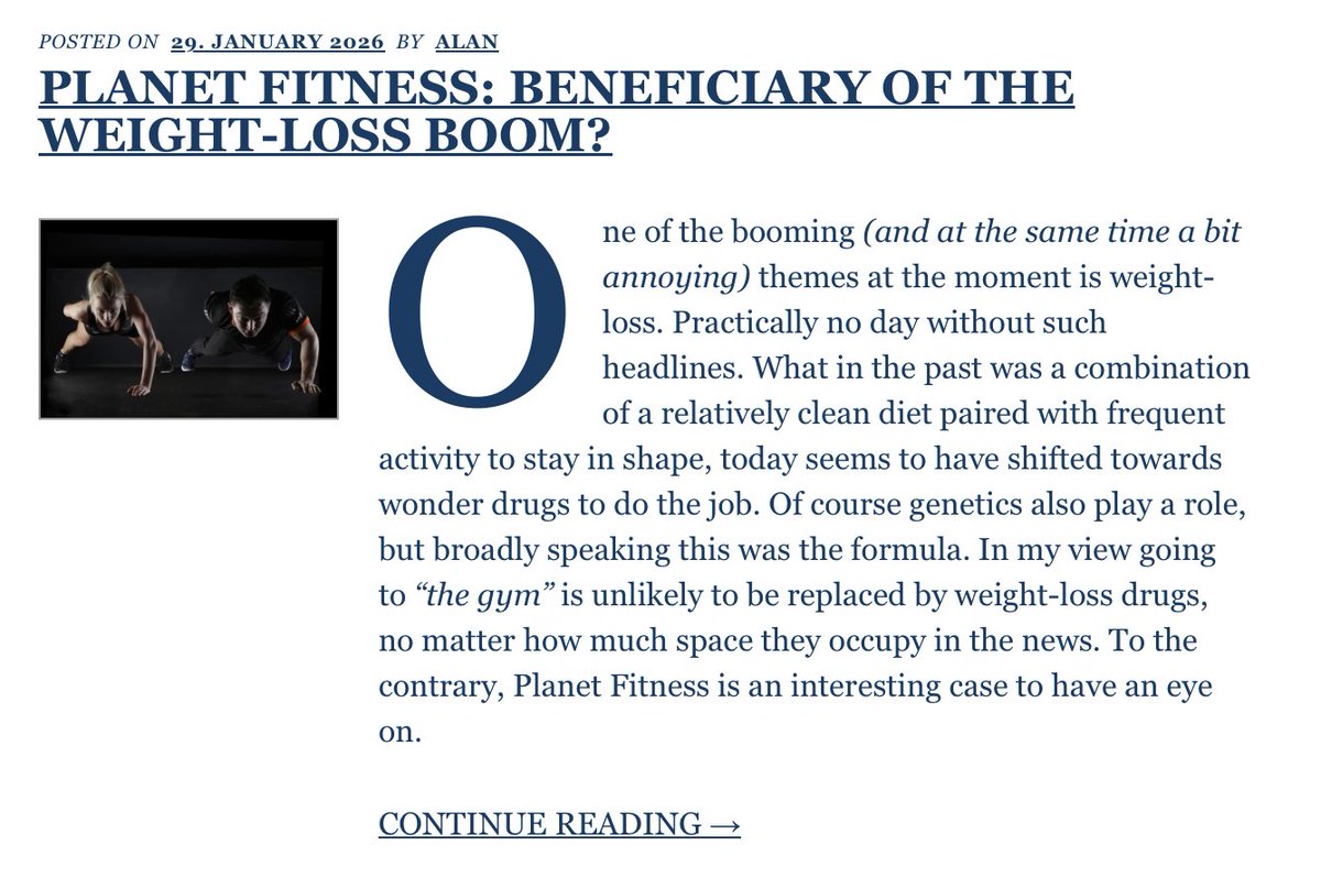 Fin_Eng_Net's tweet photo. Back in Jan I warned that $PLNT Planet Fitness was not fit as a stock pick.

Valuation was stretched like a rubber band, the margin of safety non-existent.

Since my article the stock has collapsed: 91 —> 51 USD.

Sometimes even ‚obvious growth stories‘ turn out to be obvious traps.

https://t.co/MU5FdzZ0RP