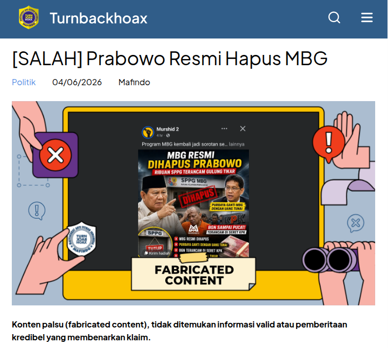 TurnBackHoax's tweet photo. ❌ Prabowo Resmi Hapus MBG 

✅ Konten palsu (fabricated content), tidak ditemukan informasi valid atau pemberitaan kredibel yang membenarkan klaim.  

🔗 Selengkapnya di https://t.co/myHs6cZjzJ #LawanHoax #TurnBackHoax #MAFINDO https://t.co/smFvVdU4BL