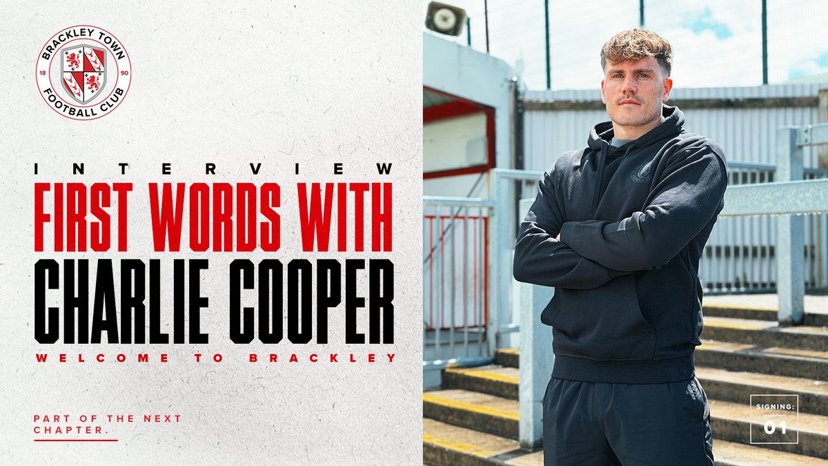 BrackleyTownFC's tweet photo. 🎥 FIRST INTERVIEW

New signing Charlie Cooper sits down for the first time as a Brackley Town player.

Hear why Brackley stood out to him, his conversations with Andy Whing and his ambitions for the season ahead.

⬇️ Watch now
https://t.co/diJfdvbXQ1

#WeAreBrackley 🔴⚪️ https://t.co/IKx4k3TEiL