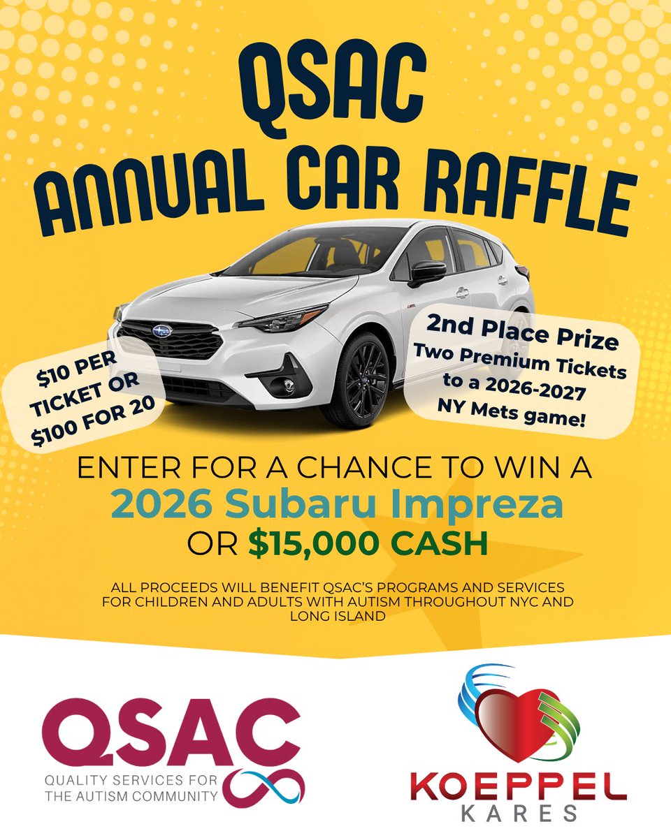 QSAC's tweet photo. Snag a ticket for your chance at a new car or $15,000 CASH!

Raffle closes at 12 noon on June 9th.

Allroceeds from all sales support QSAC's work for the autism community!

Purchase your tickets here!: https://t.co/QAhgyvZtDw https://t.co/jM5SAnxoa1