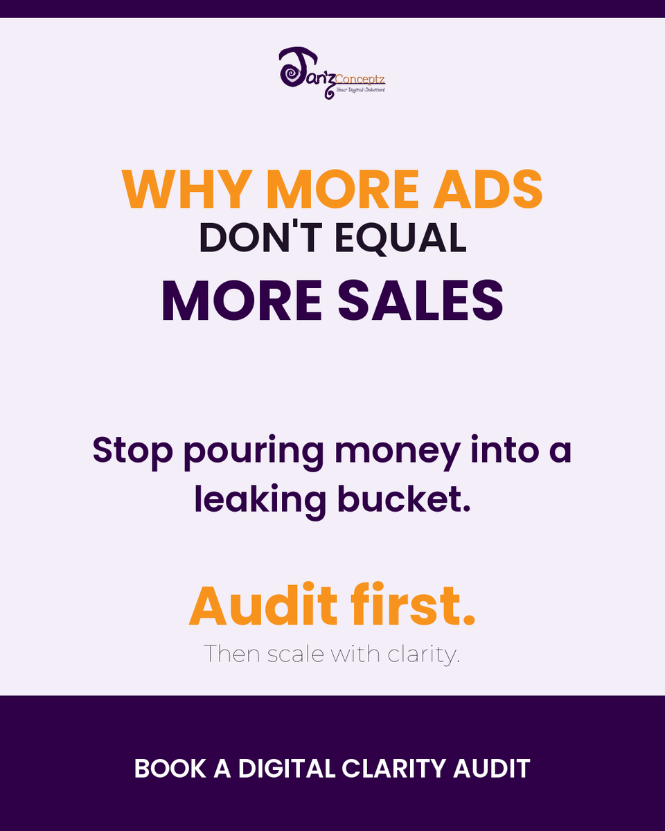 janZconceptZ's tweet photo. More ads won’t fix a leaking website.

If your CTA is unclear, your site is slow, or your customer journey is confusing, more traffic just exposes the gaps faster.

Audit first.
Fix the leaks.
Then scale. https://t.co/4Vj3wTt9vk