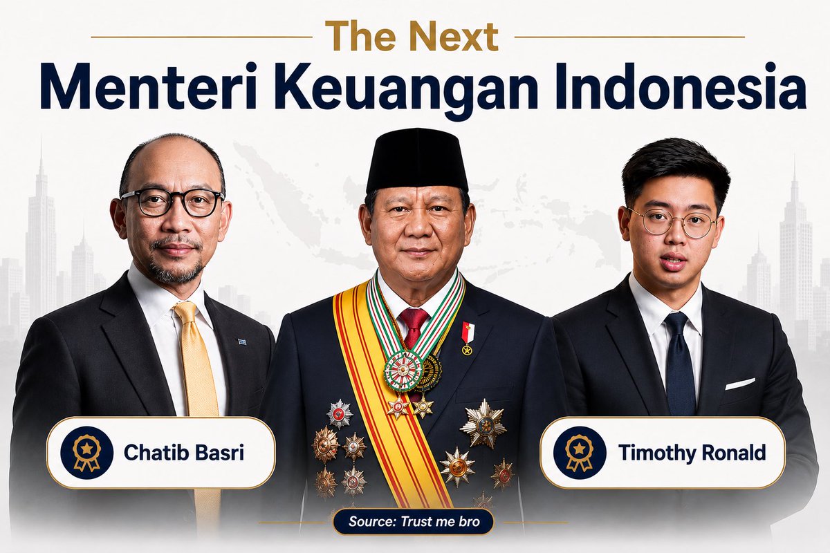 azwardiiqbal's tweet photo. JUST IN: Presiden Prabowo kantongi dua kandidat Menkeu Indonesia berikutnya.

Chatib Basri: Pengalaman dan track record
Timothy Ronald: Visioner bangun ekonomi anak muda

Dua kandidat ini dipilih karena pertimbangan kurs Rupiah terus anjlok dan IHSG turun dalam 5 bulan beruntun.

Kalian pilih Chatib Basri atau Timothy Ronald?

Source: Trust me bro 🥰