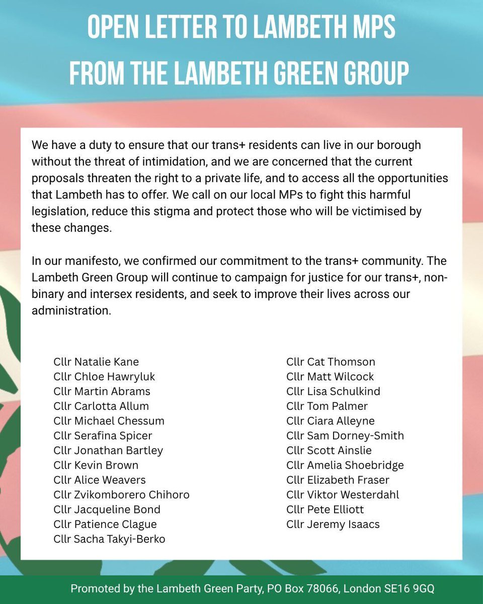 Lambethgp's tweet photo. The new EHRC code of practice will isolate, exclude, and harm our trans communities. Lambeth's Green councillors are calling on local MPs @helenhayes_  @FloEshalomi @BellRibeiroAddy and @SteveReedMP to oppose it, sign EDM 240 against it, and stand with Lambeth's trans residents. https://t.co/YnYLcdVZIP