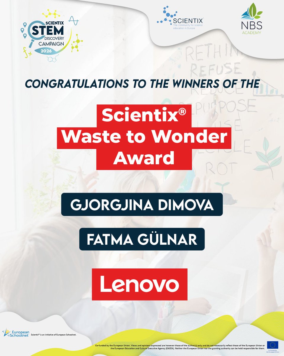 scientix_eu's tweet photo. 🌿Big congratulations to Gjorgjina Dimova and Fatma Gülnar, winners of the #Scientix Waste to Wonder Award! 🏆🥳
Supported by @Lenovo, co-organised by @nbs_academy &amp; Scientix ♻️👏 🔗Check all the #ScientixAwards winners 👉https://t.co/42D7Ajybmb https://t.co/kZTkumldAu