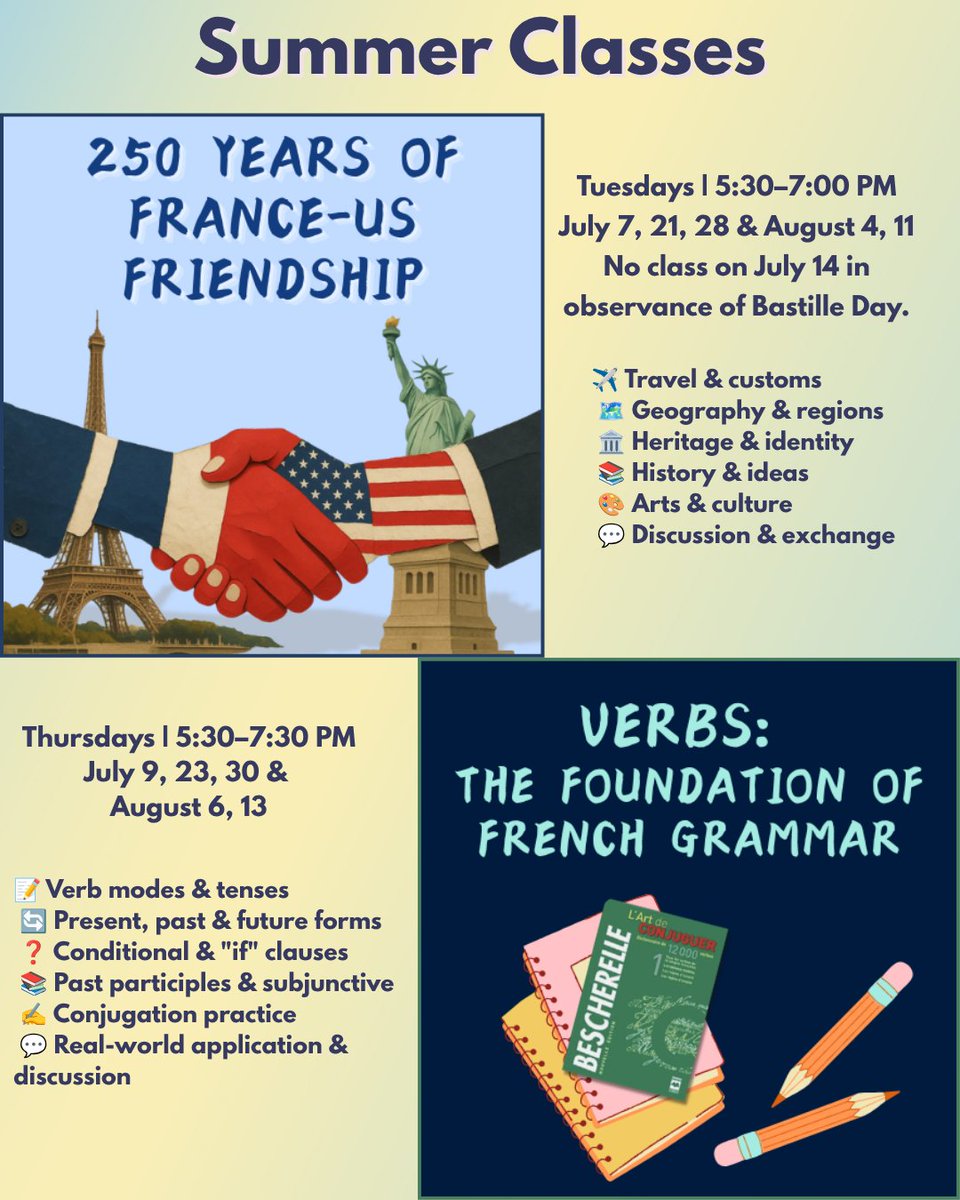 FACNH_official's tweet photo. ☀️Keep your French sharp this summer with FACNH!

Join us for two 5-week classes:
🤝250 Years of France–US Friendship
📚 Verbs: The Foundation of French Grammar

Stay connected to the French language, culture, and community all summer long.

👉Details https://t.co/EqGybrG4Jn https://t.co/2AZU0udy5L