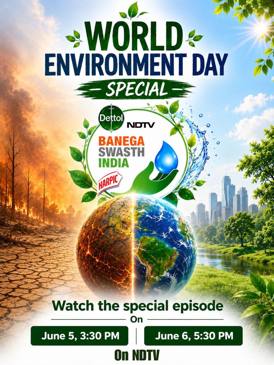 banegaswasthind's tweet photo. 𝐖𝐨𝐫𝐥𝐝 𝐄𝐧𝐯𝐢𝐫𝐨𝐧𝐦𝐞𝐧𝐭 𝐃𝐚𝐲 𝐒𝐩𝐞𝐜𝐢𝐚𝐥 𝐖𝐢𝐭𝐡 𝐃𝐞𝐭𝐭𝐨𝐥 𝐁𝐚𝐧𝐞𝐠𝐚 𝐒𝐰𝐚𝐬𝐭𝐡 𝐈𝐧𝐝𝐢𝐚

The world is heating up. As cities swelter and water resources shrink, communities across India are responding with innovation, resilience and hope.

This World Environment Day, Dettol #BanegaSwasthIndia (DBSI) celebrates practical, people-centered solutions that protect health, strengthen resilience and create lasting behaviour change.

For over a decade, Dettol Banega Swasth India has worked at the intersection of health, education and community resilience. What began as a programme to introduce handwashing and essential hygiene practices in schools has grown into a movement anchoring hygiene as a foundational public health habit. 

𝐌𝐞𝐚𝐬𝐮𝐫𝐞𝐝 𝐈𝐦𝐩𝐚𝐜𝐭 & 𝐒𝐜𝐚𝐥𝐞

Ravi Bhatnagar, Director, External Affairs and Partnerships at Reckitt – South Asia, says, "From 2,500 schools in 2014 to reaching two-thirds of India’s schools today, Dettol Banega Swasth India has transformed hygiene from a concept into a culture—anchored in measurable impact and sustained behavioral change."

Watch our special show on: 

NDTV 24x7
Friday, June 5 - 3:30 PM
Saturday, June 6 - 5:30 PM

For more, log on to https://t.co/Qbj7Qct1uz

#WorldEnvironmentDay