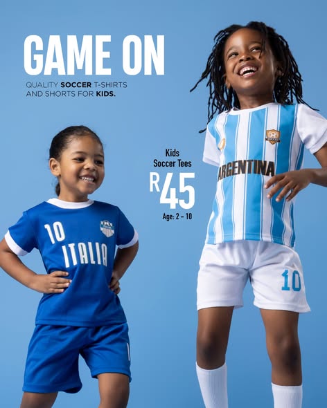 Riverside_Mall's tweet photo. ⚽️GAME ON!

Get your little champions match-day ready with kids’ soccer tees for R45! 🙌

🏃‍♂️🏃‍♀️Ages 2–10
⚽Fun team-inspired styles
💙Perfect for playtime, practice, and cheering from the sidelines

See you in-store at @jamclothingsa. https://t.co/JtefLFL70m