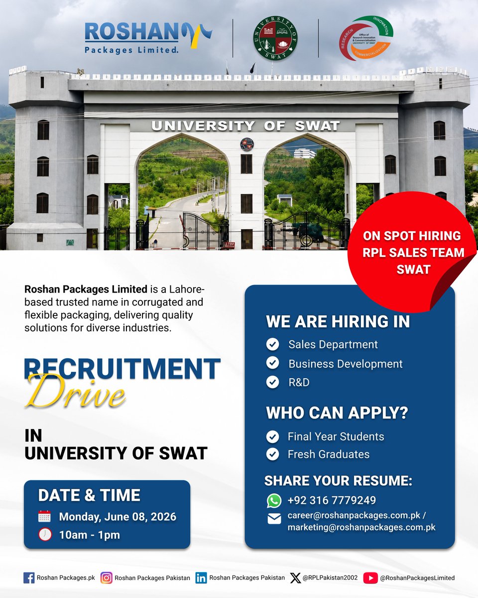 RPLPakistan2002's tweet photo. We are coming to the #UniversityOfSwat for a #RecruitmentDrive! 
#RPL is a trusted name in corrugated and flexible packaging solutions. We will be conducting interviews and #ImmediateHiring opportunities for fresh graduates and final-year students for the RPL Sales Team #Swat. https://t.co/VjVwIGAMzm