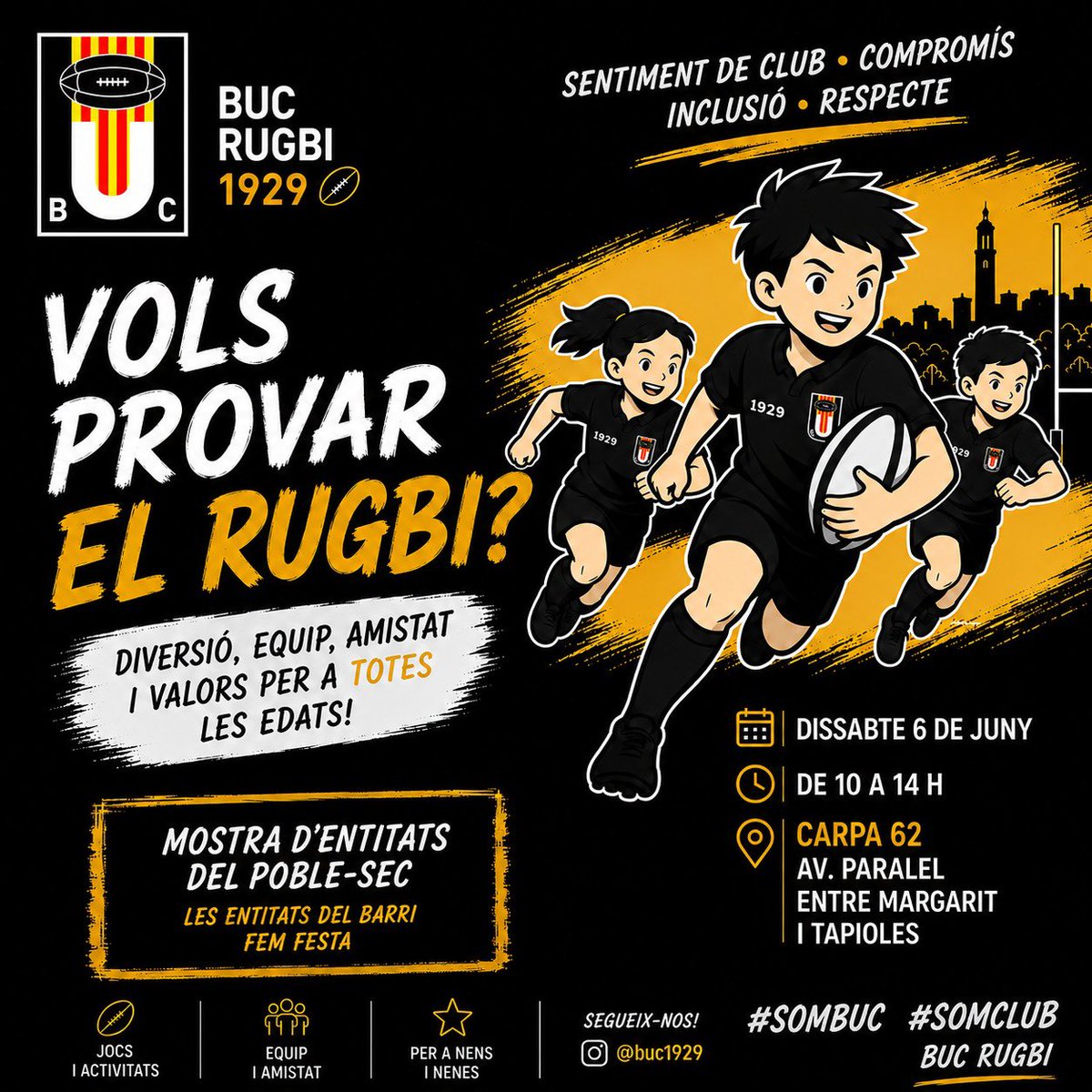 buc1929's tweet photo. Vine a conèixer el nostre esport i tot el que representa: diversió, equip, amistat i valors per a totes les edats!

Ens trobaràs a la Mostra d’Entitats del Poble-sec‼️

📅 Dissabte 6 de juny
🕰️ De 10 a 14 h
📍 Carpa 62, Av. Paral·lel (entre Margarit i Tapioles)

#SOMBUC #SOMCLUB https://t.co/Y5mcEGbHlB