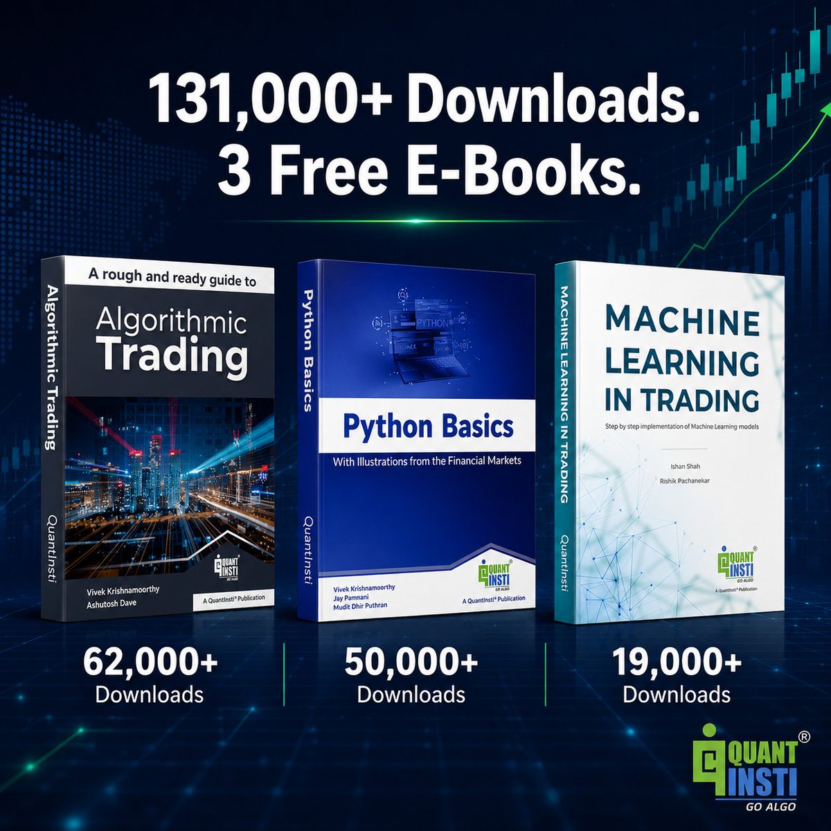 QuantInsti's tweet photo. 131,000+ traders have downloaded our free e-books. Here is why.

Three resources from QuantInsti that have become go-to references in the quant trading community:

🔹 Algorithmic Trading: A Rough & Ready Guide (62,000+ downloads) A practical starting point for anyone building their first trading system. 👉 https://t.co/nwER1Eg6on

🔹 Python Basics: With Illustrations from the Financial Markets (50,000+ downloads) Python, explained specifically for trading applications. No prior experience needed. 👉 https://t.co/h3lD9dQNJL

🔹 Machine Learning in Trading: Step by Step Implementation (19,000+ downloads) From regression to ensemble models, how ML is applied in real trading strategies. 👉 https://t.co/VZ4o2OvwQ0

All free. No catch.

#AlgorithmicTrading #QuantFinance #Python #MachineLearningTrading #FreeEbook #QuantInsti