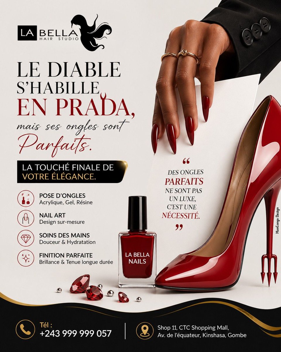 MonCongoRDC's tweet photo. La vraie élégance se révèle dans les détails.

Chez La Bella, profitez de services de manucure et pédicure, nail art personnalisé et soins des mains pour une finition parfaite.

+243 999 999 057
CTC Shopping Mall, Gombe, Kinshasa https://t.co/uRtOKLlYnt