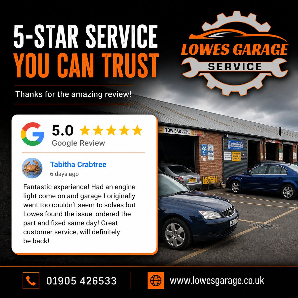 LowesGarage's tweet photo. ⭐ Why Customers Keep Coming Back ⭐

Thank you to Tabitha for leaving us a 5-star Google review.

🚗 Need servicing, repairs or an MOT?

📞 01905 426533
🌐 https://t.co/6AM51Z9Pn1

#Worcester #GoogleReview #MOT https://t.co/YlBT9ZjUvN