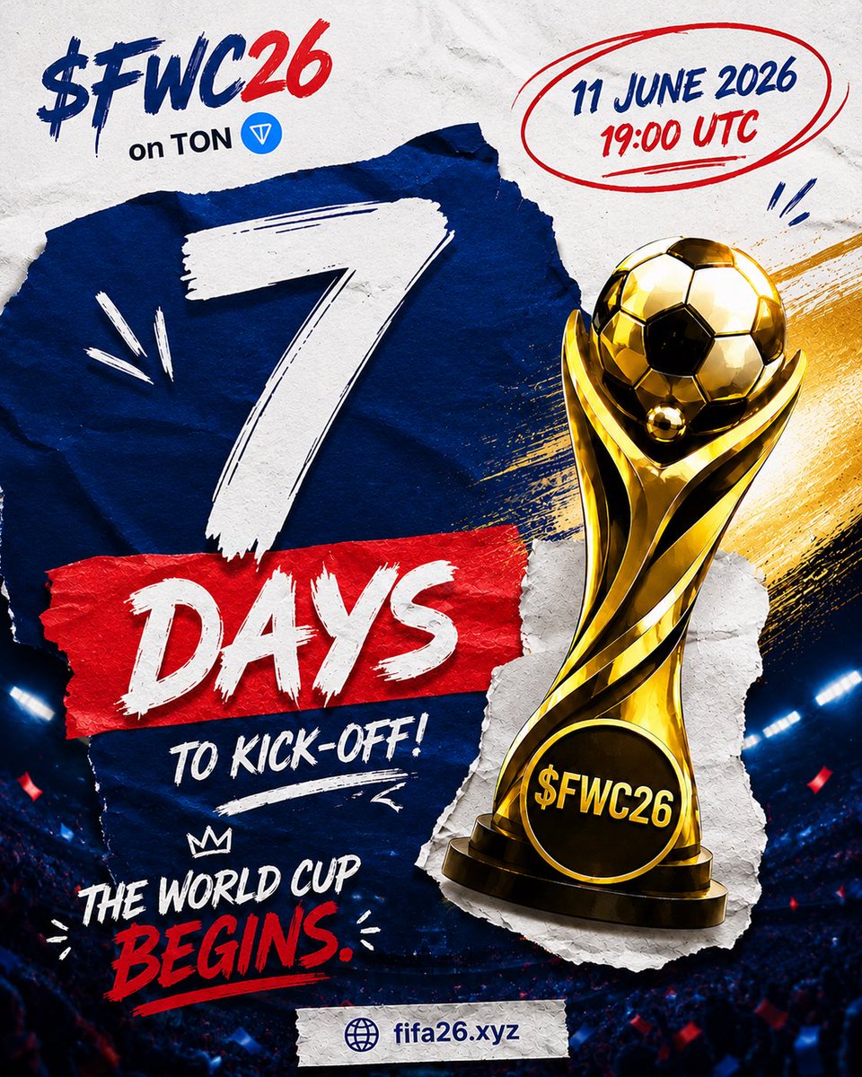 FIFA_ONTON's tweet photo. 7 DAYS TO GO. ⏳🏆

In one week, the world unites for the biggest sporting spectacle on Earth.

Billions will watch.
History will be written.
Legends will rise.

The countdown continues.

⚽️ $FWC26 on TON
🌐 https://t.co/3fOIU3HAim https://t.co/NpqiEsNMFC