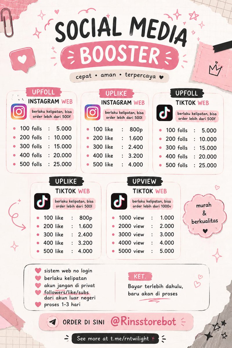 NajaemWx's tweet photo. ⋆.𐙚  bisa req sosmed yang lain, Ex: X/Twitter, WhatsApp(Channel), YouTube, Facebook, Linked, threads, Shopee, capcut⭑.ᐟ
Ket. Bisa pesan via Instagram/telegram 
⋆.𐙚  order di sini @Rinsstorebot &amp; @rinsstorern⭑.ᐟ
See more at https://t.co/JAvBu8CSlQ
#suntiksosmed #amanah https://t.co/jXCmB5nRJq