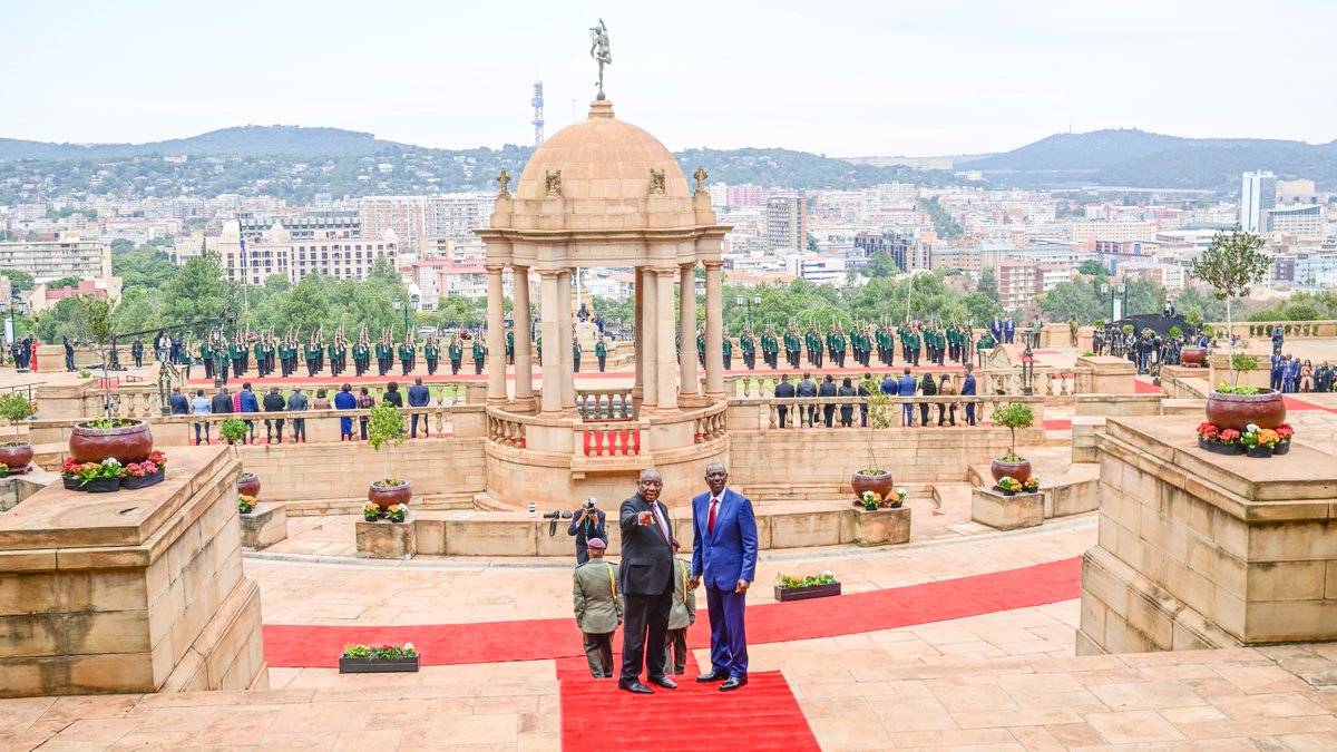 MamaRachelRuto's tweet photo. Today, alongside H.E. President William Ruto, we were accorded a State Welcome Ceremony by H.E. President Cyril Ramaphosa and First Lady Tshepo Motsepe at the Union Buildings in Pretoria, as Kenya and South Africa reaffirm their enduring friendship and shared vision for Africa's progress.