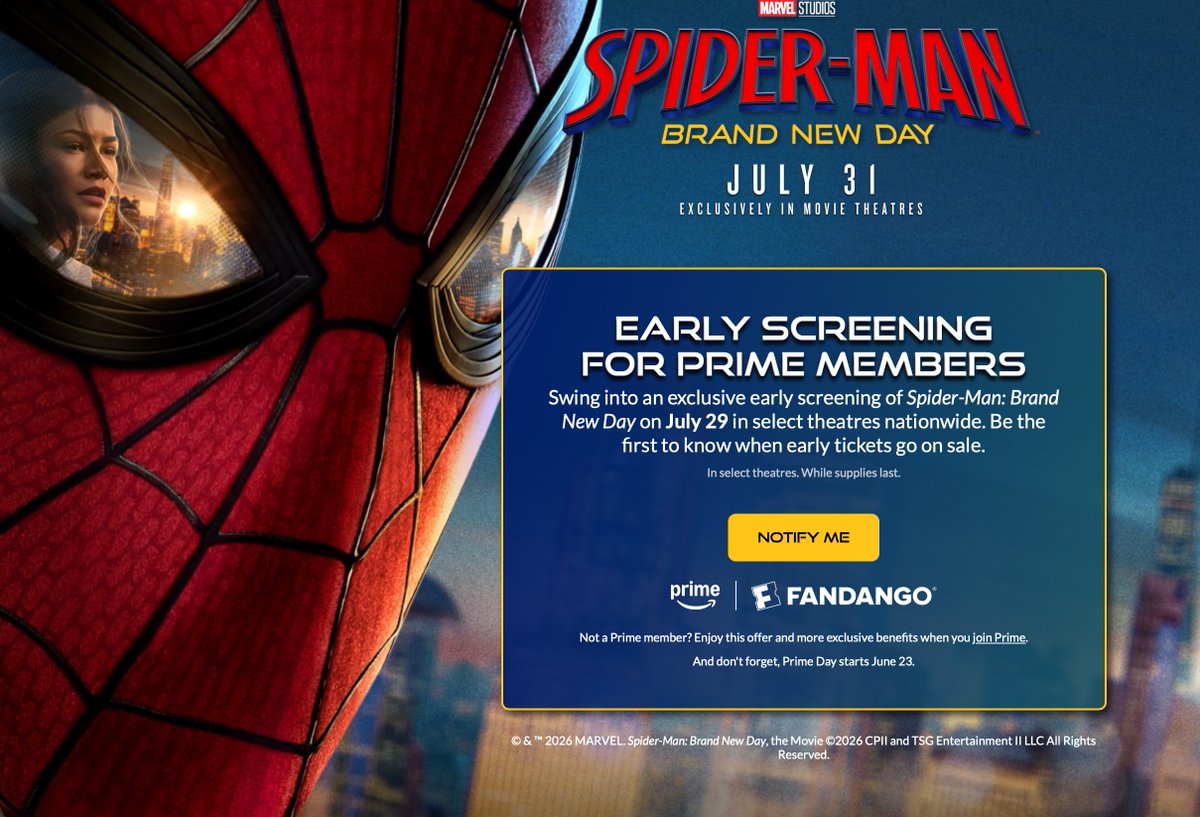 nextgendeals's tweet photo. Spider Man Brand New Day 
Early Screening for Prime Members
Swing into an exclusive early screening of Spider-Man: Brand New Day on July 29 in select theatres nationwide.

https://t.co/AwOQl43BNC #Ad https://t.co/OiVaOBmP3b