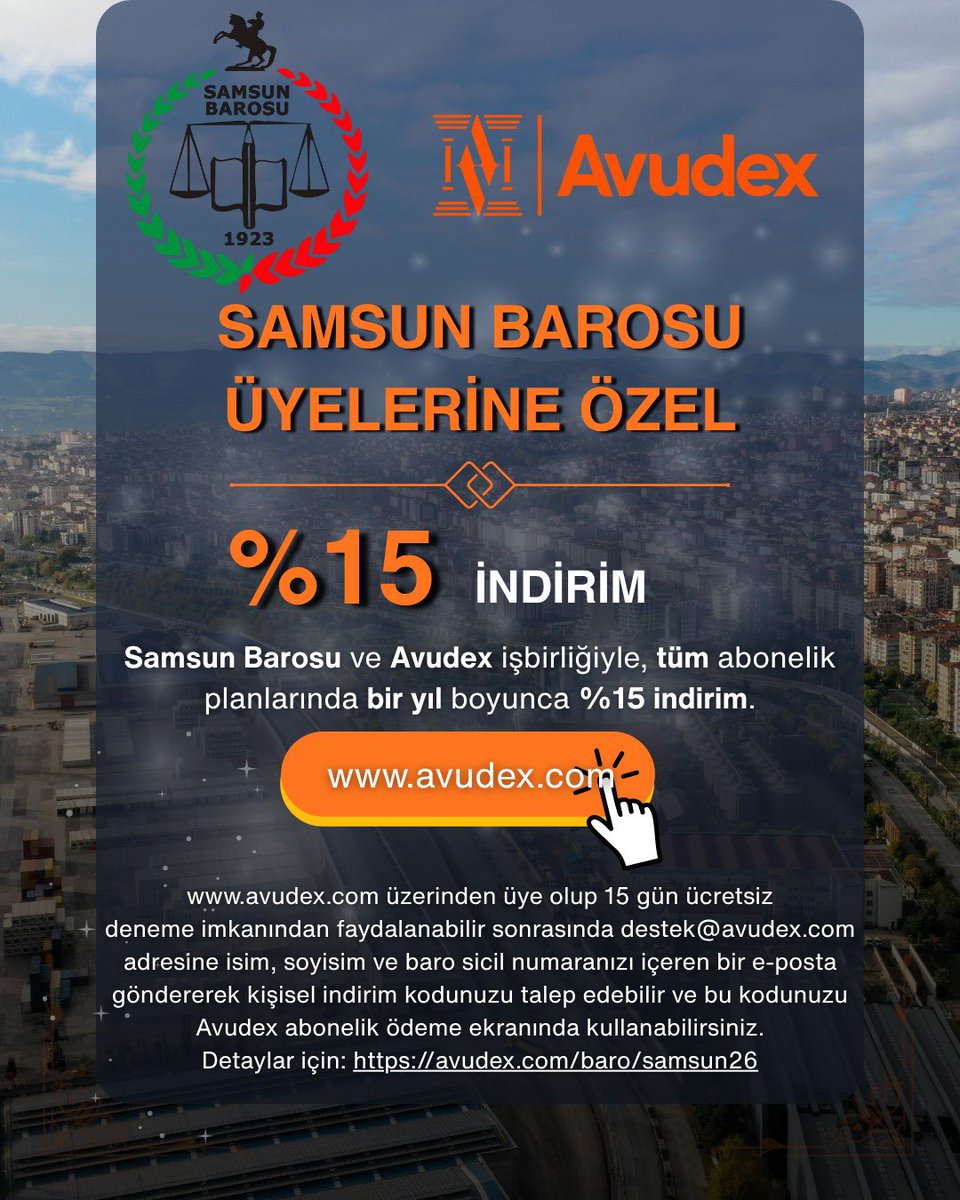 avudex's tweet photo. Avudex ile Samsun Barosu arasında yapılan iş birliği kapsamında, @samsun_barosu  mensuplarına özel tüm aylık abonelik planlarında 1 yıl boyunca %15 indirim imkânı sağlanmıştır. https://t.co/mlQRNc6zPe üzerinden üye olarak 15 gün ücretsiz deneme hakkından yararlanabilir; ardından destek@avudex.com üzerinden Samsun Barosu üyesi olduğunuzu ispat etmek şartıyla kişiye özel kampanya kodunuzu abonelik ödeme ekranında kullanabilirsiniz.  Detaylı bilgi ve başvuru için: destek@avudex.com