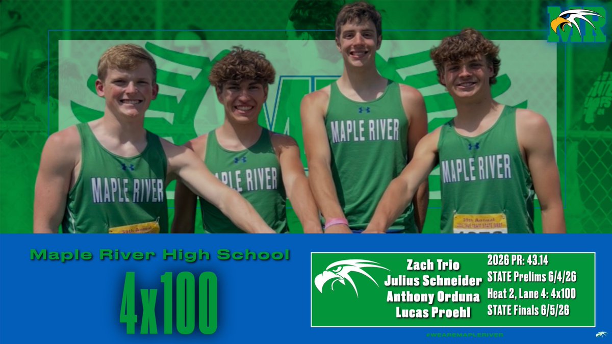 MRTandF's tweet photo. Good Luck at STATE!
Zach, Julius, Anthony and Lucas will compete in the 4x100 Prelims Thursday with Finals to follow on Friday.
#wearemapleriver https://t.co/uCrWFVel9K