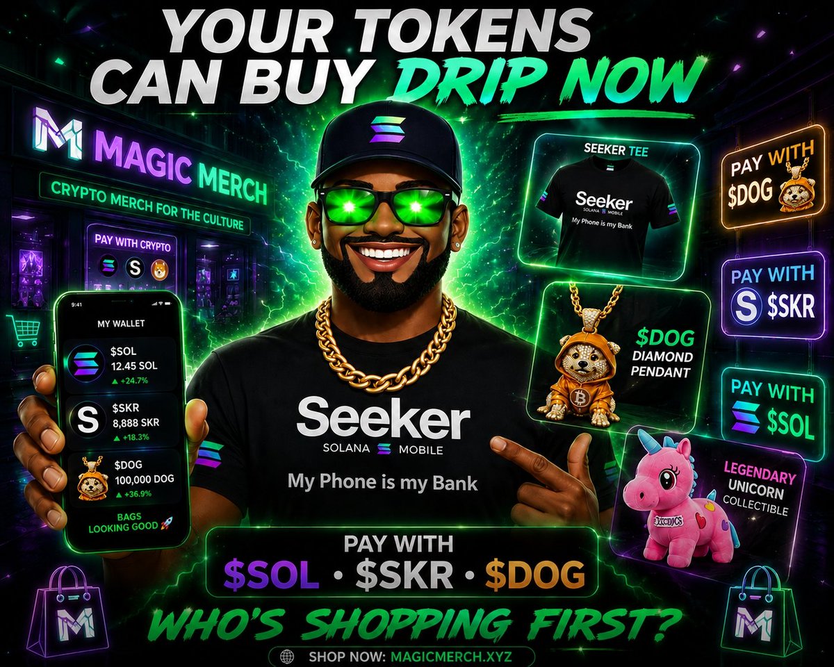 CaptainJaspiro's tweet photo. Do you know Holding tokens is cool but using them is cooler.

@real_magicmerch now accepts:
 $SOL  $SKR  $DOG

From the @solanamobile Tee to the $DOG pendant and other collectibles, your bags can finally buy real-world drip.

What's the first thing you're copping? https://t.co/yr3UZT78g7