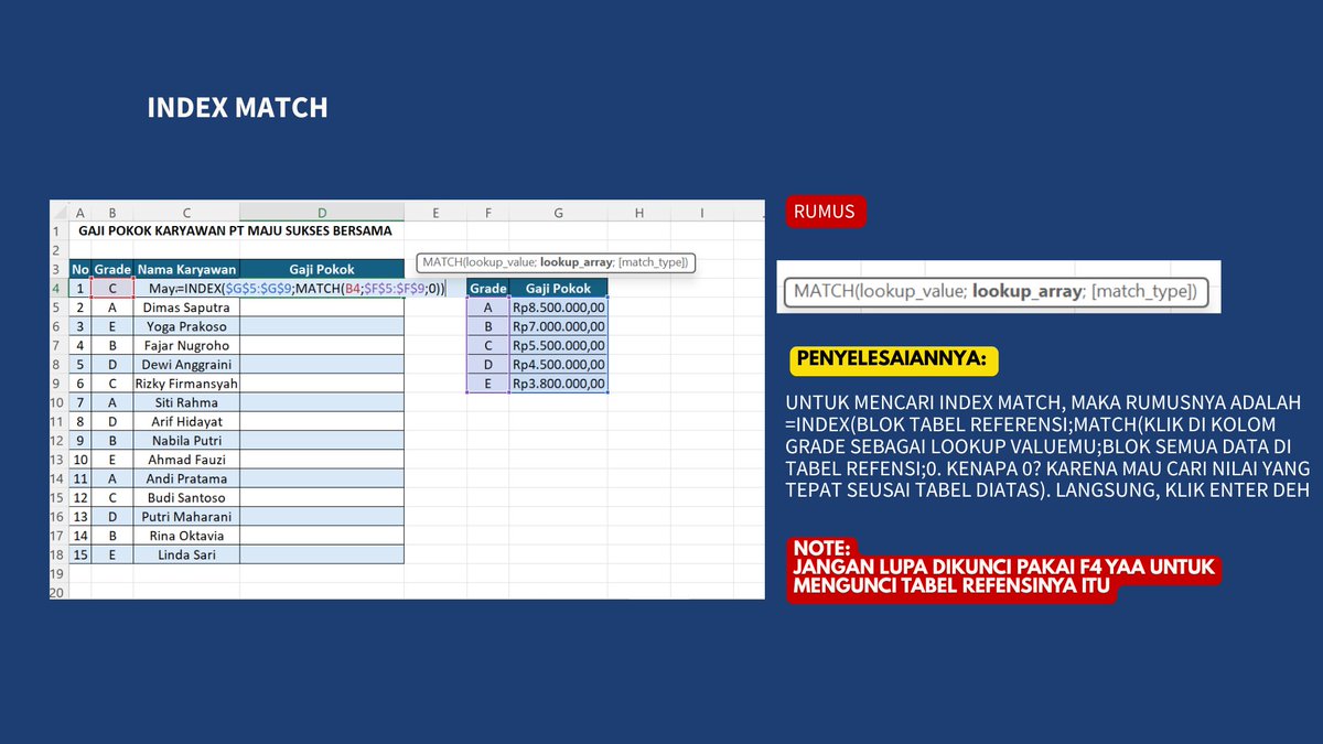 americanona02's tweet photo. Rumus Excel yang jarang diajarin dan keluar di soal interview, tapi sering dipakai di kantor: INDEX-MATCH. Sudah pernah coba belum ?. Contohnya ada dibawah yaaa. Semoga bermanfaat 😍😍😍 https://t.co/QHUWhMMxsJ