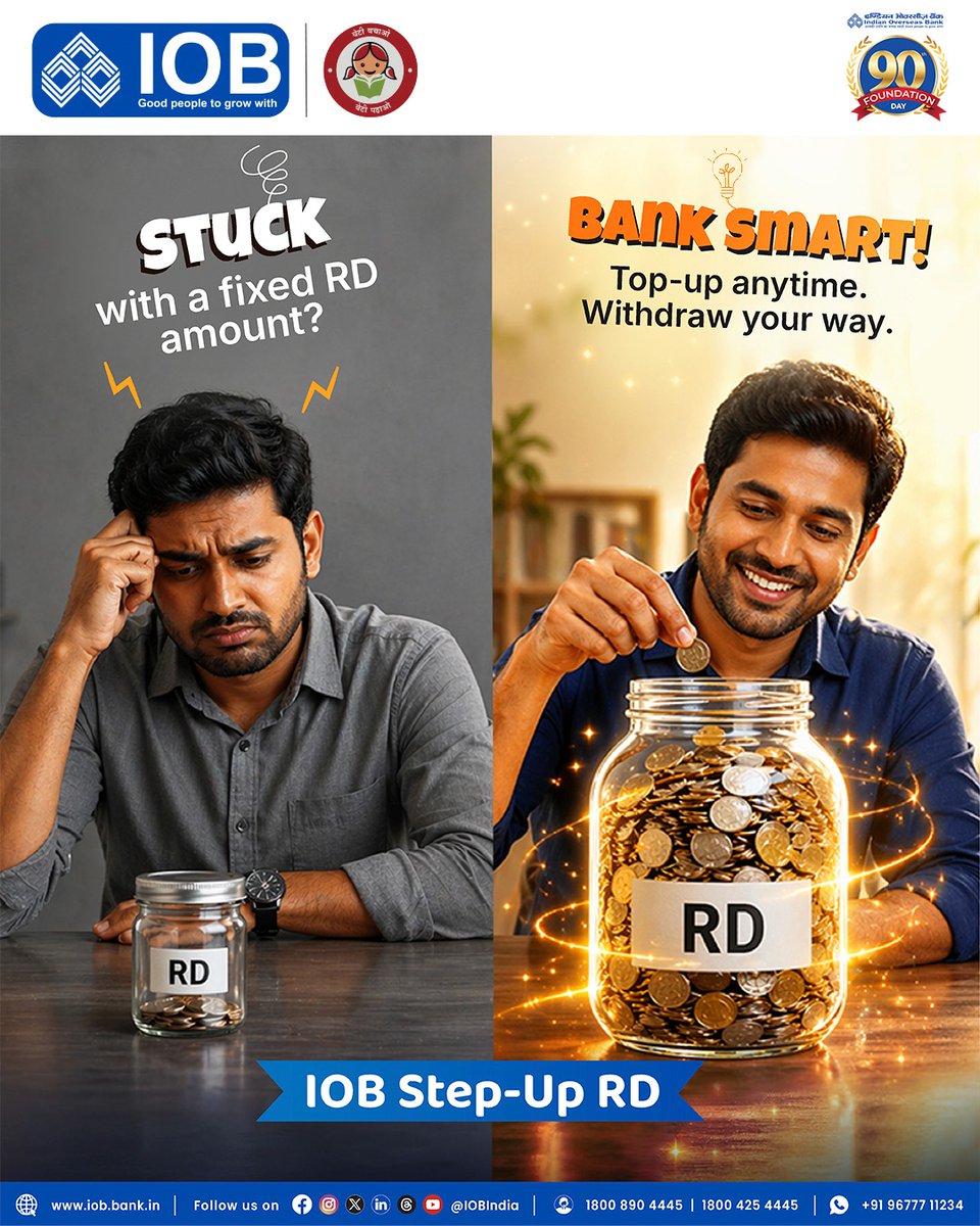 IOBIndia's tweet photo. A savings plan that grows with your aspirations.
With IOB Step-Up RD, you have the flexibility to increase your deposit contributions over time, enabling disciplined savings and greater financial growth.
Start today and move closer to the future you envision.
#IOBIndia #StepUpRD #SavingsGrowth #FinancialGoals #SmartBanking #GrowWithIOB
#DFS #RBI