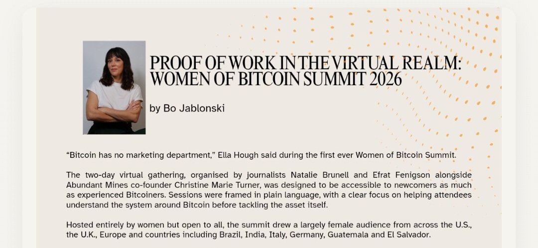 ProofofWorkMag's tweet photo. On page 33 and 34 @IAmBitcoinBo goes in depth on the Women of Bitcoin Summit 2026.  Have you read it already? https://t.co/y6tKjGfZOl https://t.co/ZuqaIvsVQi