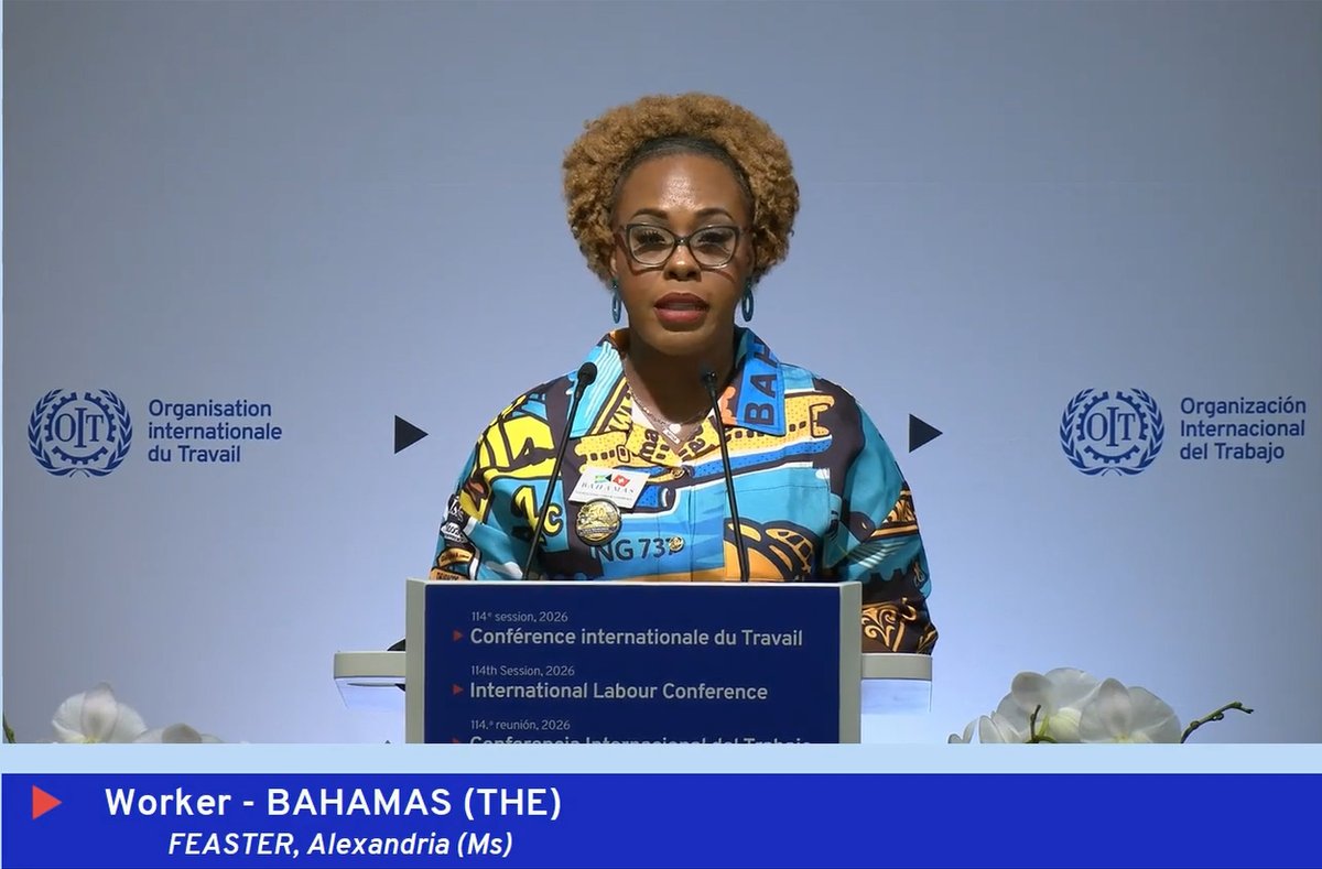 ILOCaribbean's tweet photo. 🗓️3 Jun 2026
"Technology does not determine our future. Policy choices do." Alexandria Feaster, Workers' delegate, The Bahamas 🇧🇸on AI, decent work and keeping workers' rights at the centre of the digital age. #ILC2026
@BahamasLabour https://t.co/Sjs7pbfTLP