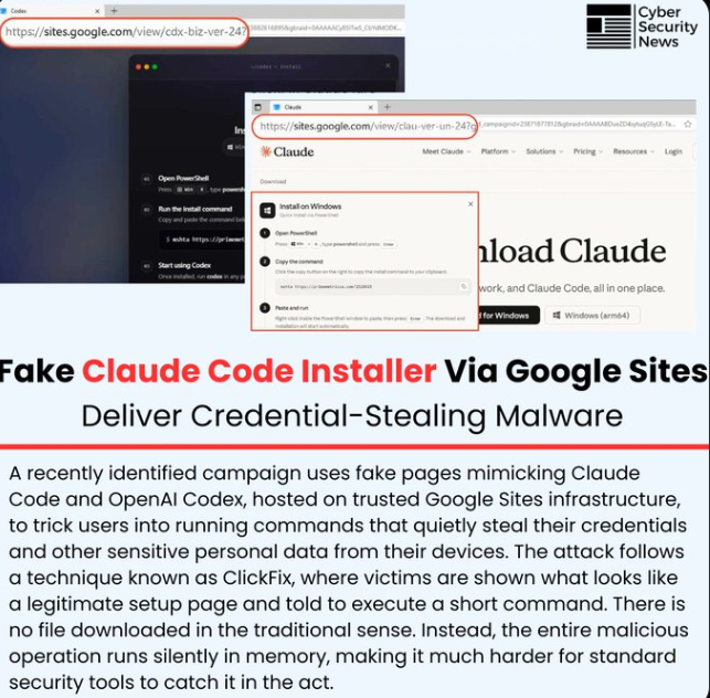 SenseWave_'s tweet photo. This is a fileless attack using ClickFix social engineering  &amp; Trust abuse

Execution primitive: mshta.exe → launches PowerShell

Persistence technique: Steganography hides shellcode in image pixels

Evasion: In-memory execution only — low detection by signature-based AV https://t.co/CwlY36X8Vx