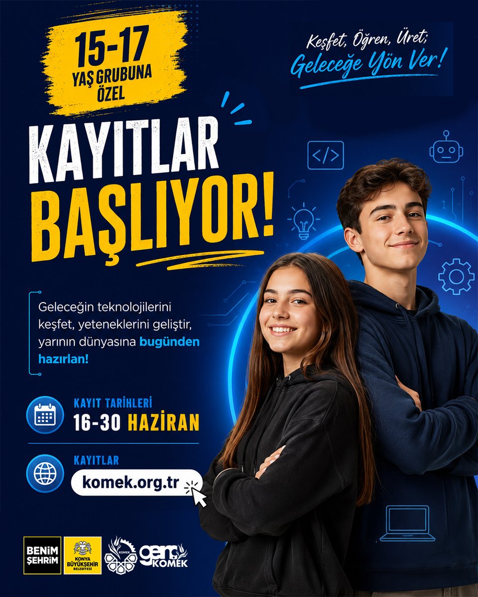 komekkonya's tweet photo. Yarının dünyasını bekleme, bugünden hazırlan.

Teknolojiyi tüketen değil geliştiren gençler için Genç KOMEK'te kayıtlar başlıyor.

📅 16-30 Haziran
🌐 https://t.co/c2tue9K9Sj
#GençKOMEK #KOMEKLAB #KOMEK #KonyaBüyükşehirBelediyesi https://t.co/qaBh1Qip4h