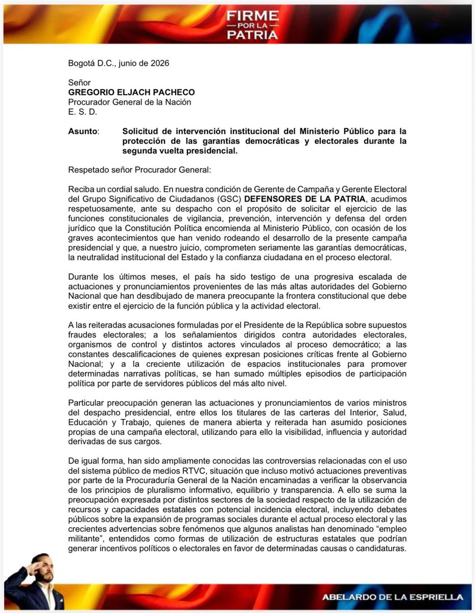 lafm's tweet photo. 🔴 Campaña de De la Espriella pide intervención del procurador por participación política del Gobierno Petro en segunda vuelta.  https://t.co/ABlcnABliU https://t.co/Tx2zagpvwq