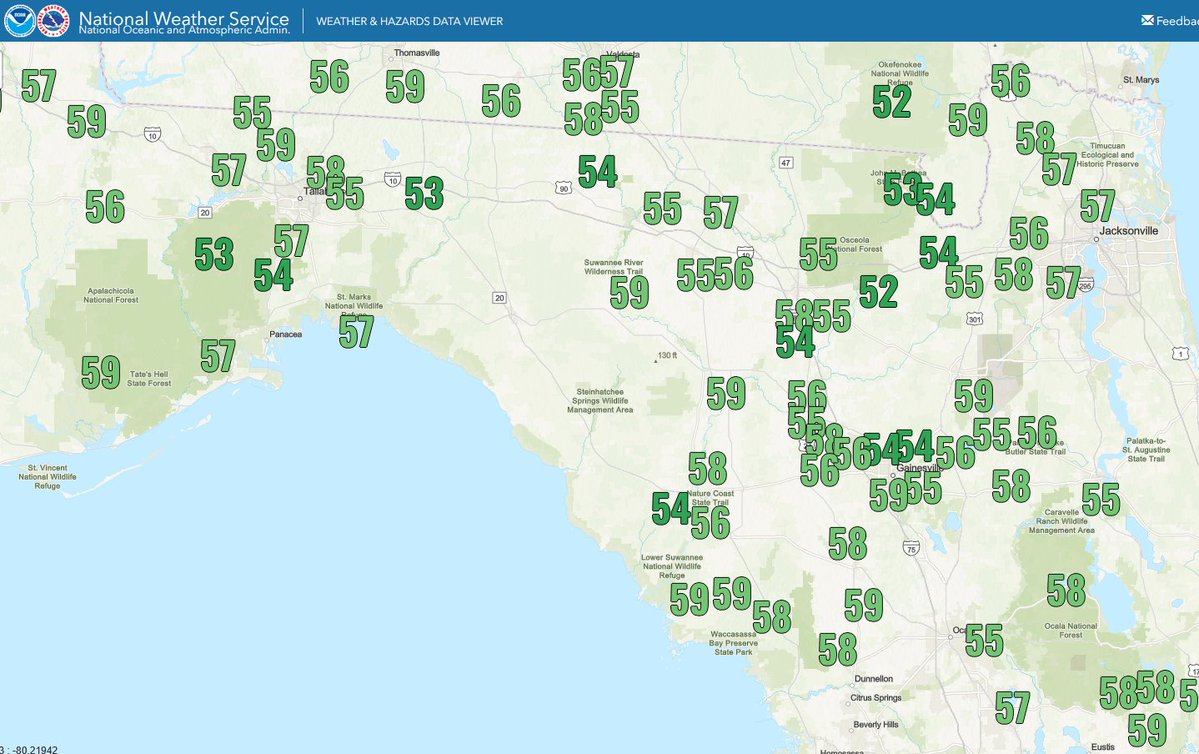 MattDevittWX's tweet photo. Look at all the 50s this morning in Northern Florida...in June! Very impressive. https://t.co/JdBPq5m02P