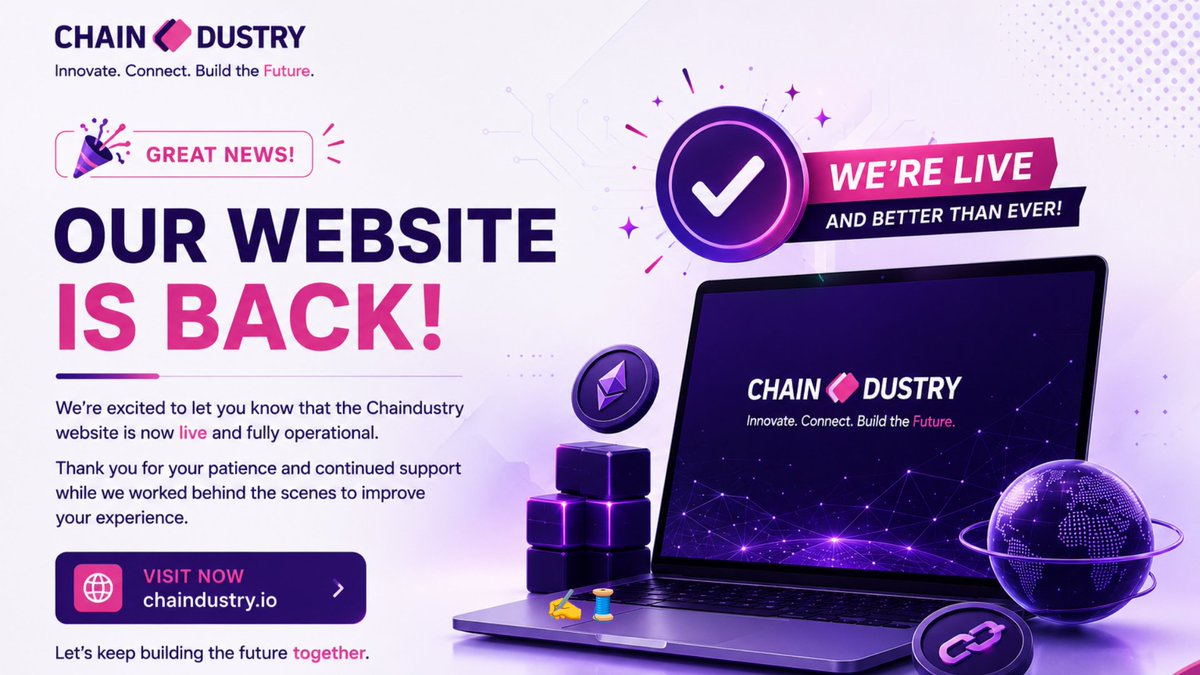 ChainDustry's tweet photo. 🚀 Website Update

Good news, our website is back online and fully accessible.

The scheduled maintenance has been completed successfully, and all services have been restored earlier than expected.

Thank you for your patience and understanding while we worked behind the scenes to improve your experience.

You can now visit and continue exploring as usual.

https://t.co/8OAljVLcJ8

Welcome back💙