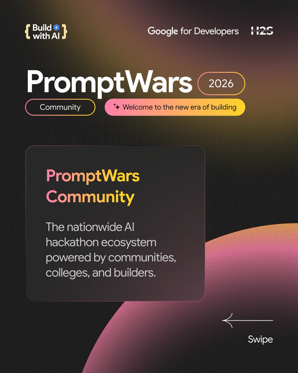 hack2skill's tweet photo. Bring PromptWars to your campus or community.

Host your own edition, gather builders, and create a space where ideas turn into projects.

Apply to host: https://t.co/ChpFCVJWVX

#PWCommunity #PromptWars #VibeCoding #AICommunity #HackathonIndia #BuildWithAI https://t.co/1BxgyN4FKe