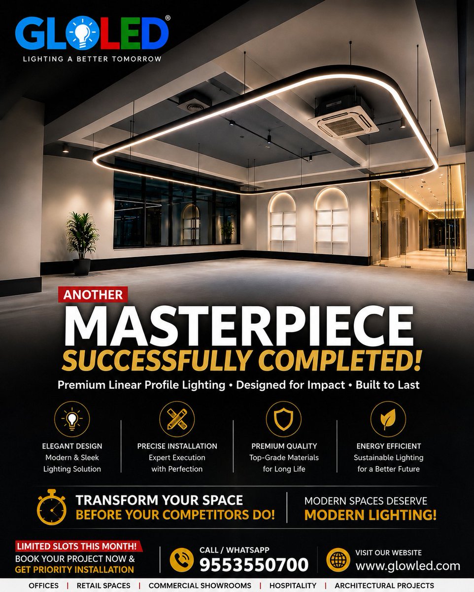 samanbontu's tweet photo. ✨ ANOTHER MASTERPIECE SUCCESSFULLY COMPLETED!
Premium Architectural Profile Lighting That Redefines Modern Workspaces

💡 PROJECT HIGHLIGHTS
✔ Premium Suspended Profile Lighting Installation
✔ Custom Curved Linear LED Profile Design
✔ Seamless Edge-to-Edge Illumination
✔ Contemporary Office & Commercial Interior Lighting
✔ Elegant Architectural Ceiling Integration
✔ Energy-Efficient LED Technology
✔ Premium Finish with Precision Installation
✔ Designed & Executed by GLOLED Experts

🔥 WHY MODERN BUSINESSES CHOOSE PROFILE LIGHTING
✅ Creates a premium first impression for clients and visitors
✅ Enhances the overall aesthetics of commercial interiors
✅ Delivers uniform, glare-free illumination
✅ Complements modern architectural designs
✅ Long-lasting and energy-efficient performance
✅ Customizable layouts for offices, showrooms, and corporate spaces

🏆 FEATURED LIGHTING PROJECT
This project showcases a stunning custom curved suspended profile lighting system designed to create a bold architectural statement while maintaining functional illumination.

Featured Elements:
• Curved Suspended Profile Light
• Architectural Linear LED Lighting
• Ambient Perimeter Lighting
• Modern Commercial Interior Lighting
• Premium Office Space Illumination

⚡ IDEAL FOR
✔ Corporate Offices
✔ Commercial Buildings
✔ Reception Areas
✔ Luxury Showrooms
✔ Retail Spaces
✔ Co-Working Spaces
✔ Hospitality Projects
✔ Modern Architectural Interiors

📍 Kukatpally
📞 Call / WhatsApp: 9553550700
🌐 https://t.co/QPrdsE4NkR

📍 GLOLED Outlets & Contacts:
Nallagandla – 9515132742, 8977542746 | LB Nagar – 9177718926, 9491260082 | Uppal – 8121679690, 8328245480 | ECIL – 7075216479, 7075216438 | Medchal – 7075216439, 7075216476 | Khammam – 7036971733 | Kondamallepalli – 9989787008 | Rajahmundry – 9930628888 | Narsaraopeta – 8247298018 | Kurnool – 9963827420 | Vizag – 8712620072 | Tirupati – 8886932648 | Madanapalli – 9700663777 | Kondapur – 7075216461 | Anantapur – 9160317046 | Hanmakonda – 9490991947 | Thurkapalli – 9849542049 | Warangal – 9989542291 | Sangareddy – 8555930998, 6281592673
#GLOLED #ProfileLighting #ArchitecturalLighting #LinearLighting #SuspendedProfileLight