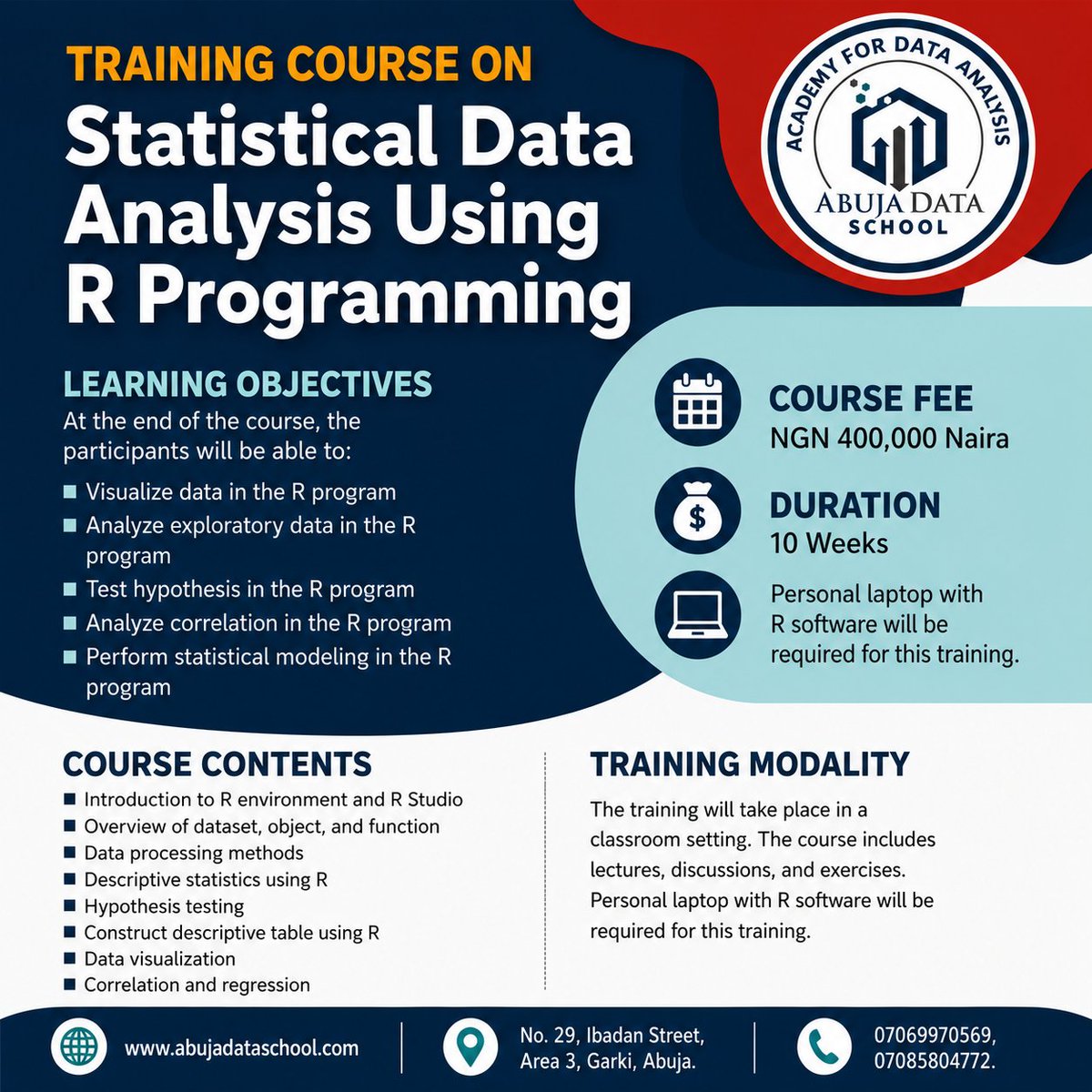 AbujaData's tweet photo. ThisR programming course for statistical analysis is designed for participants who plan to use R for the management, coding, analysis and visualization of qualitative data.

The course’s content is spread over seven modules and includes: Basics of Applied Statistical Modelling, https://t.co/9aqsj8FdJM