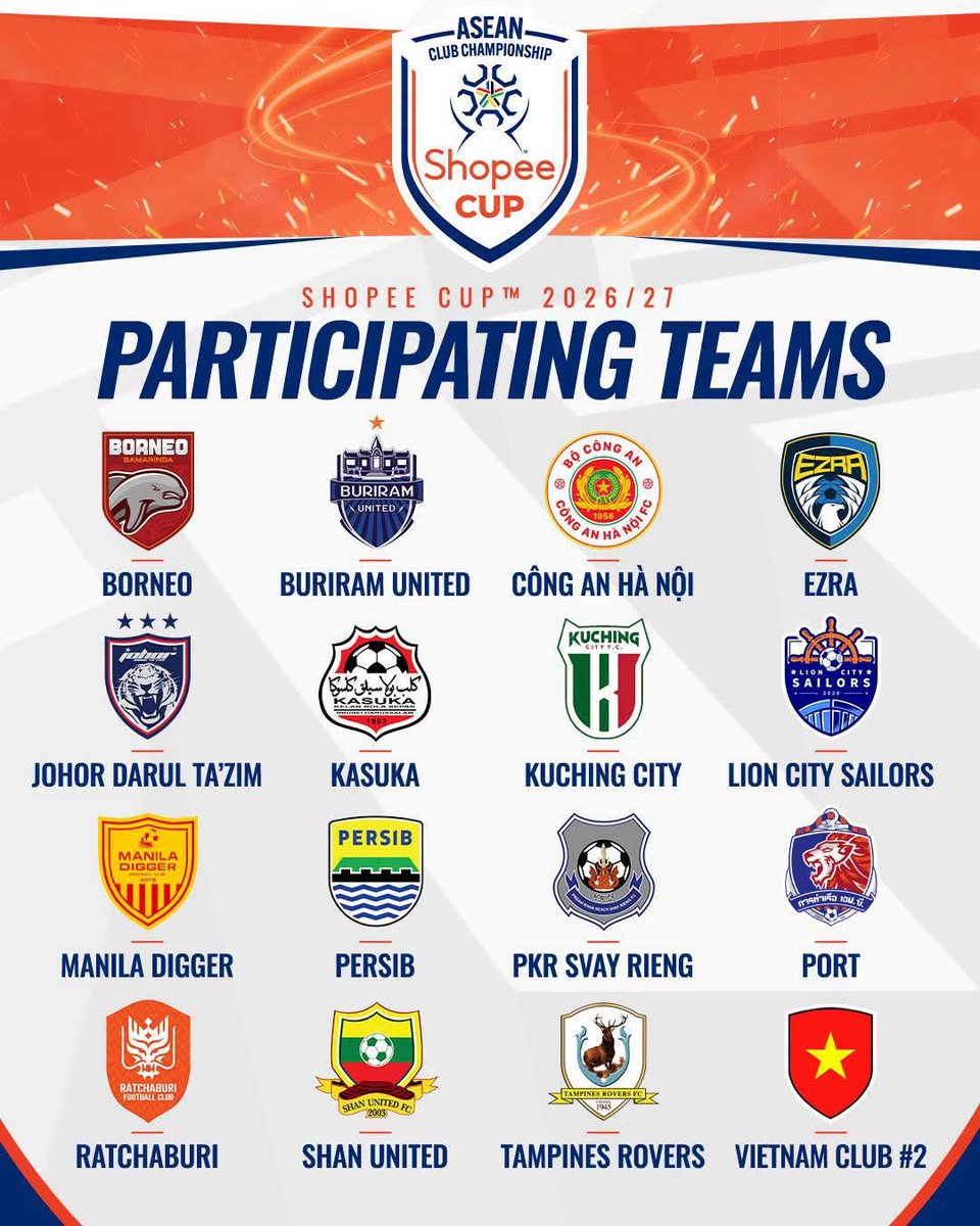 FadhirulS's tweet photo. Senarai pasukan yang akan bersaing di pentas ACC Piala Shopee 2026/2027 🏆

2 wakil kelab dari Malaysia 🇲🇾

🔹Johor Darul Ta'zim FC
🔹 Kuching City FC

@ASTROARENA https://t.co/zqpAlrBdOv