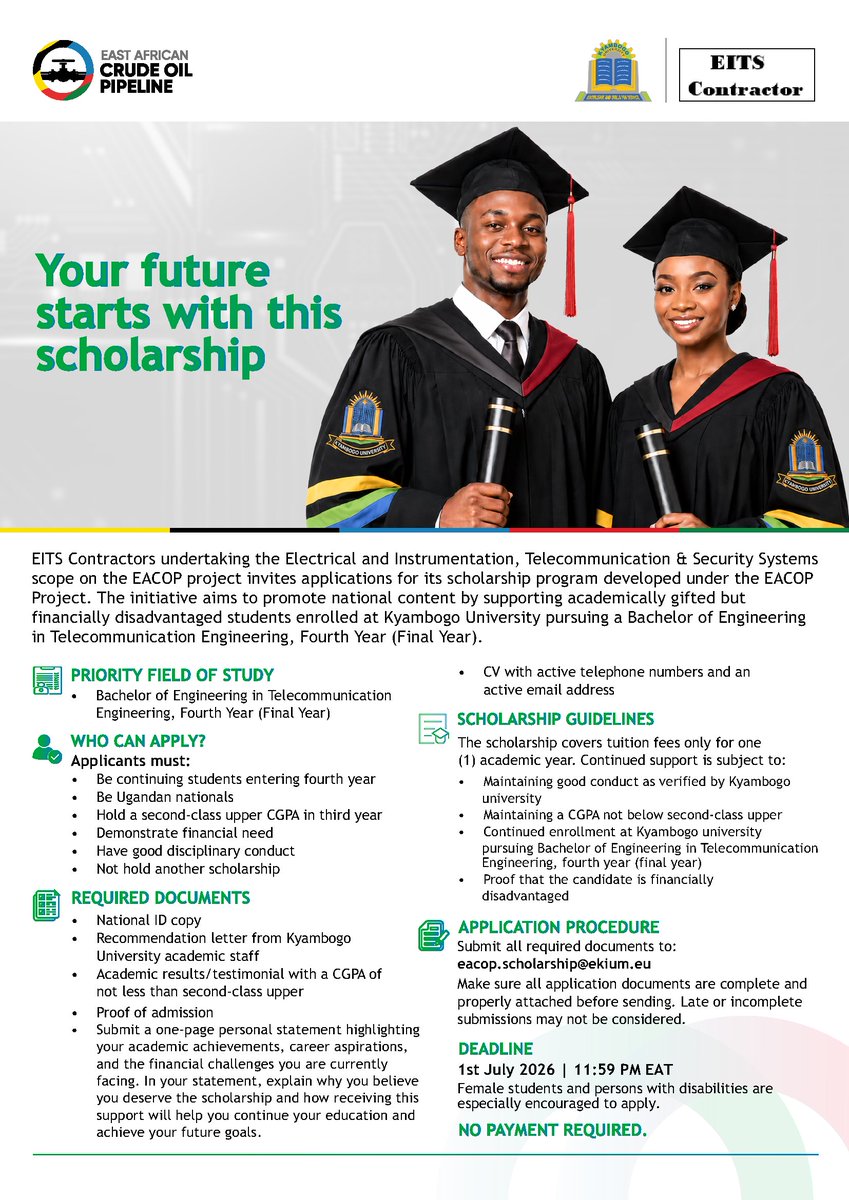 EACOP_'s tweet photo. 𝐅𝐮𝐥𝐥𝐲 𝐟𝐮𝐧𝐝𝐞𝐝 𝐬𝐜𝐡𝐨𝐥𝐚𝐫𝐬𝐡𝐢𝐩𝐬

As part of our commitment to national content, we are proud to launch our Scholarship Program for students at @Makerere University and @kyambogou University.

Apply today and let us help you cross the finish line.