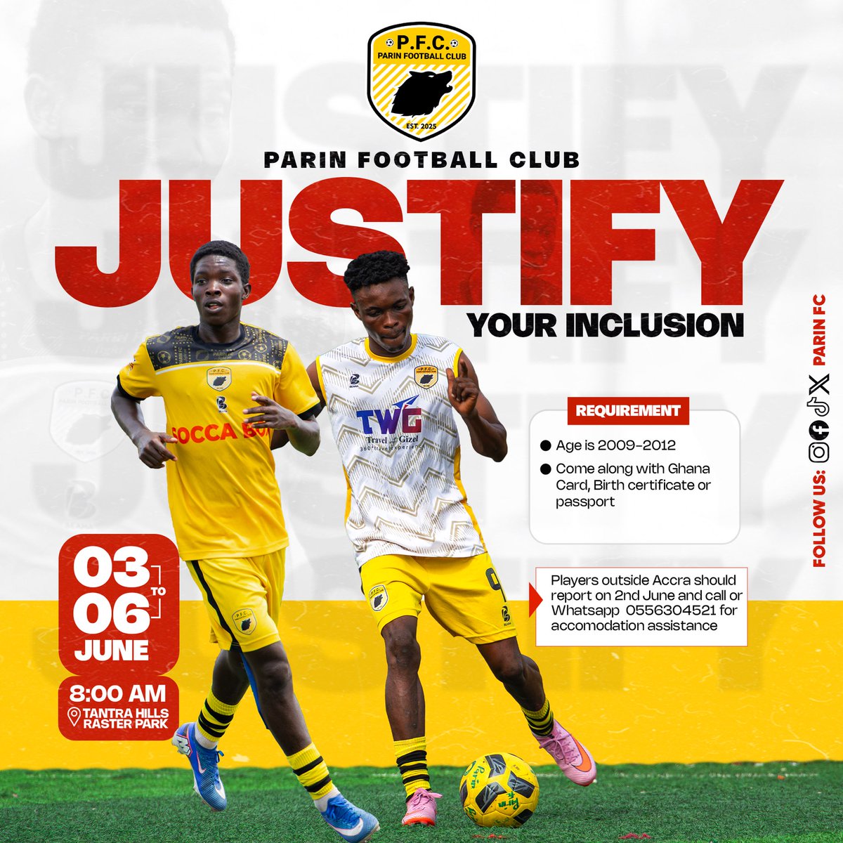 Parin_fc's tweet photo. 🔥⚽ PARIN FOOTBALL CLUB – JUSTIFY YOUR INCLUSION! ⚽🔥

The opportunity is here. The stage is set. Now it’s your turn to prove why you deserve to wear the badge and represent the pride of Parin Football Club.

From 3rd – 6th June, young talents born between 2009–2012. https://t.co/D4mo3yOPWv