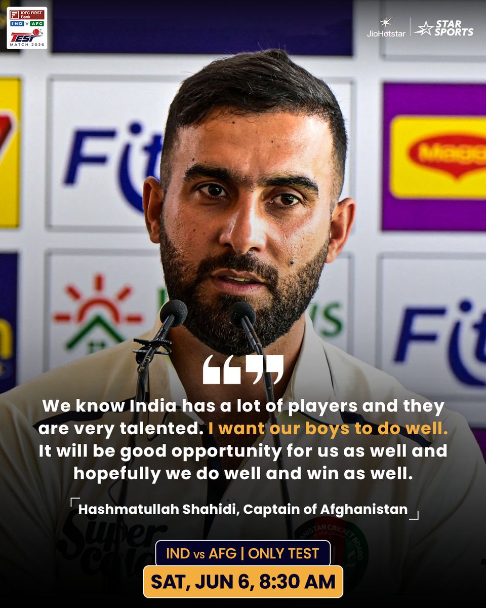 StarSportsIndia's tweet photo. Ready for the challenge! 🇮🇳🇦🇫

Afghanistan captain #HashmatullahShahidi is geared up for a tough test against #TeamIndia! 👊

#INDvAFG | Only Test 👉 SAT, 6 JUN, 8:30 AM https://t.co/KpFk6WH6yy