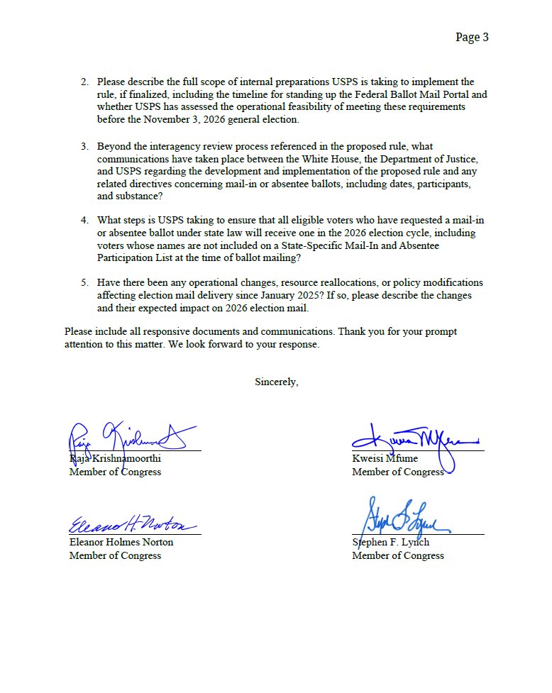 CongressmanRaja's tweet photo. Trump spent years attacking mail-in voting and now USPS is proposing rules that could put the federal government in the middle of who gets a ballot.
That’s why I led 29 of my colleagues in demanding answers. Election mail must remain secure, reliable, and free from political interference. https://t.co/gcOiJMX57d