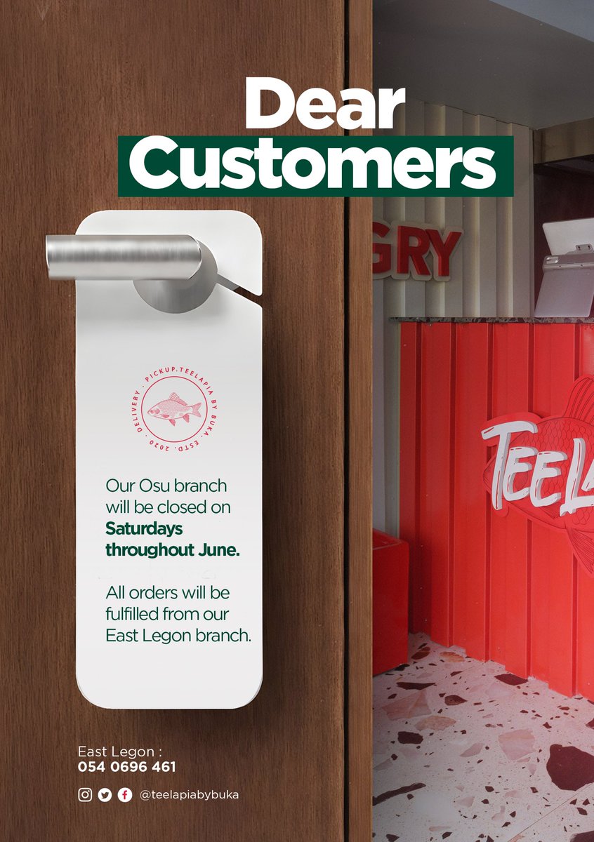TeelapiabyBuka's tweet photo. Our Osu branch is closed on Saturdays this June.
See you in East Legon! ❤️

Call to order:
East Legon 054 069 6461 | Osu 024 136 6654 

East Legon:12pm-8pm (Mon - Thurs)  12pm – 9pm (Fri–Sat)
Osu: 11am- 7pm (Mon–Sat)
#teelapiabybuka #eastlegon #fyp #tilapia🐟#explorepage https://t.co/X0jSdFWR6g
