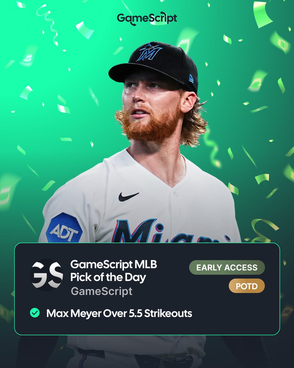 GameScript's tweet photo. 🚨 +116 MLB POD Winner!

📈 7 IP and 7 Ks for Max Meyer yesterday to cash the POD!

💚 Who tailed? https://t.co/854B2gYoTa
