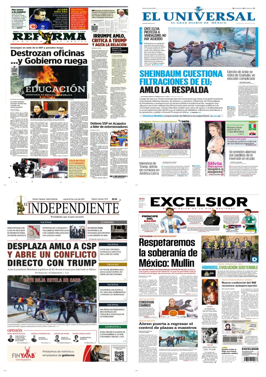 castroclemente's tweet photo. #Portadas📰
#PrimerasPlanas
- CNTE: de la protesta al vandalismo
- AMLO fustiga a Donald Trump
• EU va por 2 gobernadores más
- CDMX: entre obras y plantones
- Jardine se va
Hay #monos como Frankenstein
TT: Alfonso Durazo Morena América
#TromposyPirinolas
#FelizJueves https://t.co/rLKpasdcHG