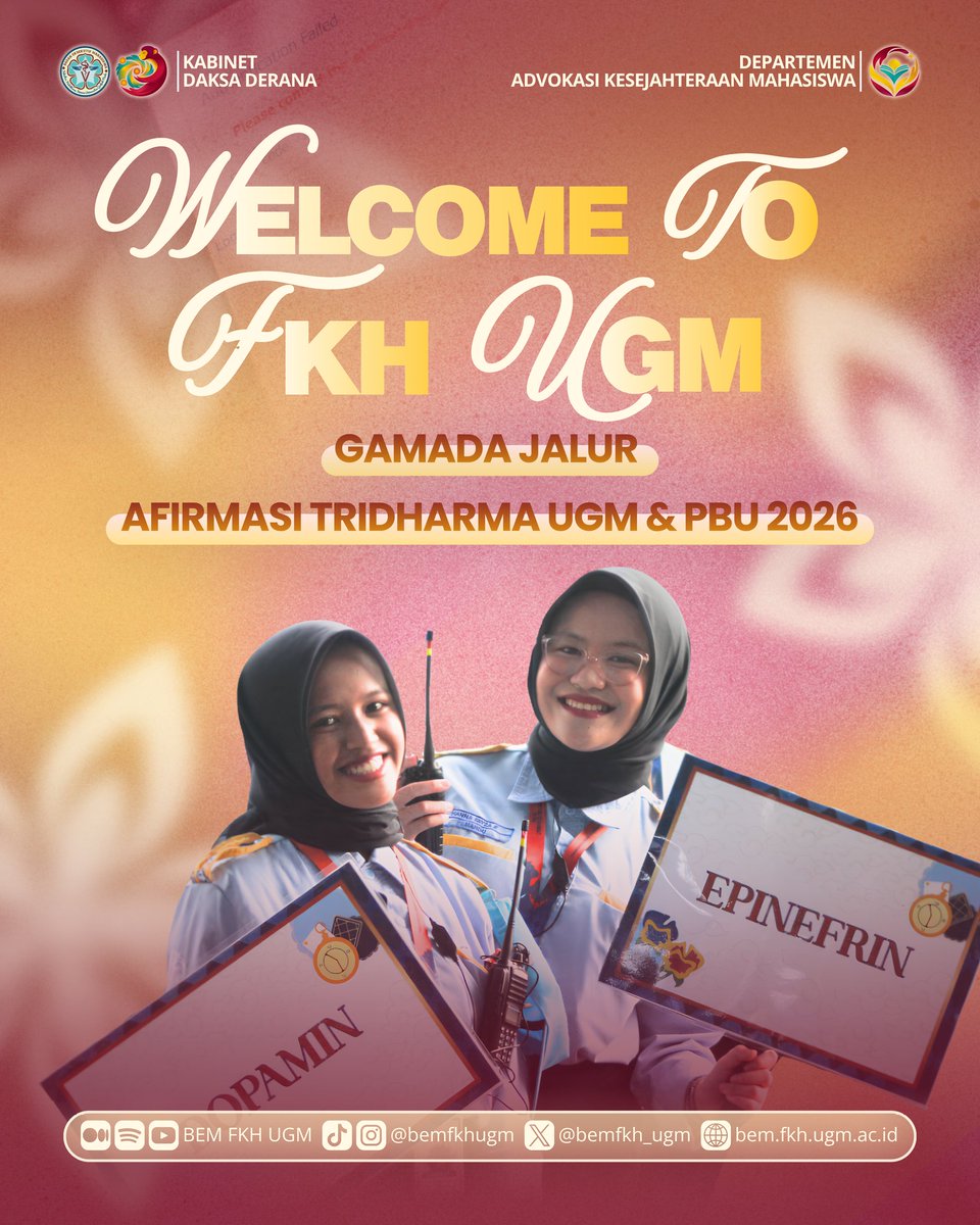 bemfkh_ugm's tweet photo. [SELAMAT DATANG GAMADA FKH UGM JALUR AFIRMASI TRIDHARMA UGM &amp; PBU 2026]

Halo, GAMADA! 👋🏻

Selamat kepada Gadjah Mada Muda FKH UGM 2026 yang telah lolos seleksi jalur Afirmasi Tridharma UGM dan PBU 2026 🥳🎉 https://t.co/Xb4hVKk00e