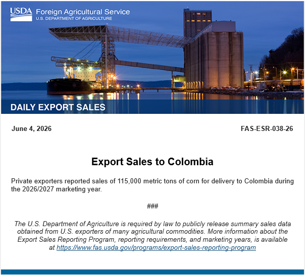 UGCProfitPrtner's tweet photo. Private exporters reported sales of 115,000 metric tons of #corn for delivery to Colombia during the 2026/2027 marketing year. https://t.co/dyCTdjFFAf