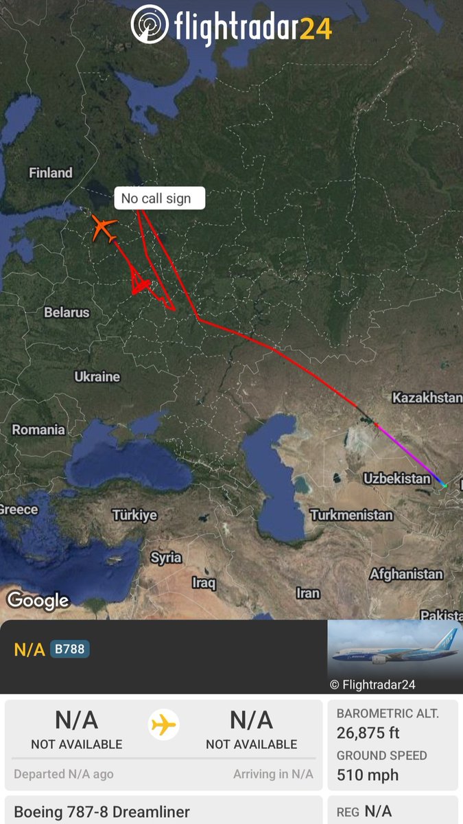 Borrowed7Time's tweet photo. Uzbekistan Govt B787-8 Dreamliner UK-001 #507C4F as UZB1 en route from Tashkent to St. Petersburg with Pres. Shavkat Mirziyoyev on board. He will attend the 29th St. Petersburg International Economic Forum (SPIEF).
@sipjack1776 @thereccelizard @LadyAstroJet https://t.co/LKKCpjL5TX